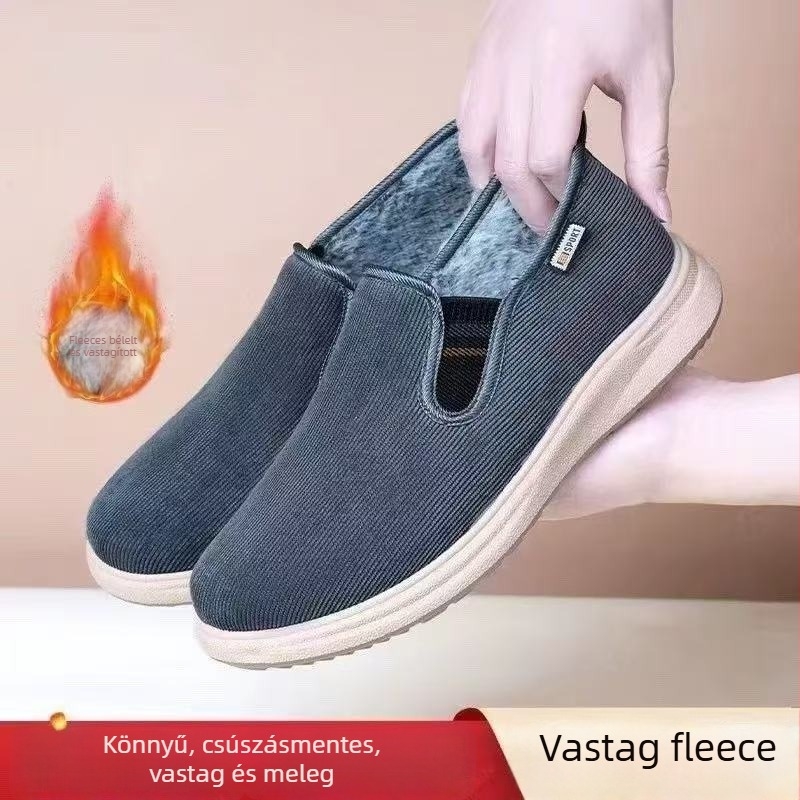 Férfi otthoni papucs: fleece-belés, vastagított, meleg, csúszásmentes, slip-on, alacsony profil (felső: vászon, talp: műanyag)