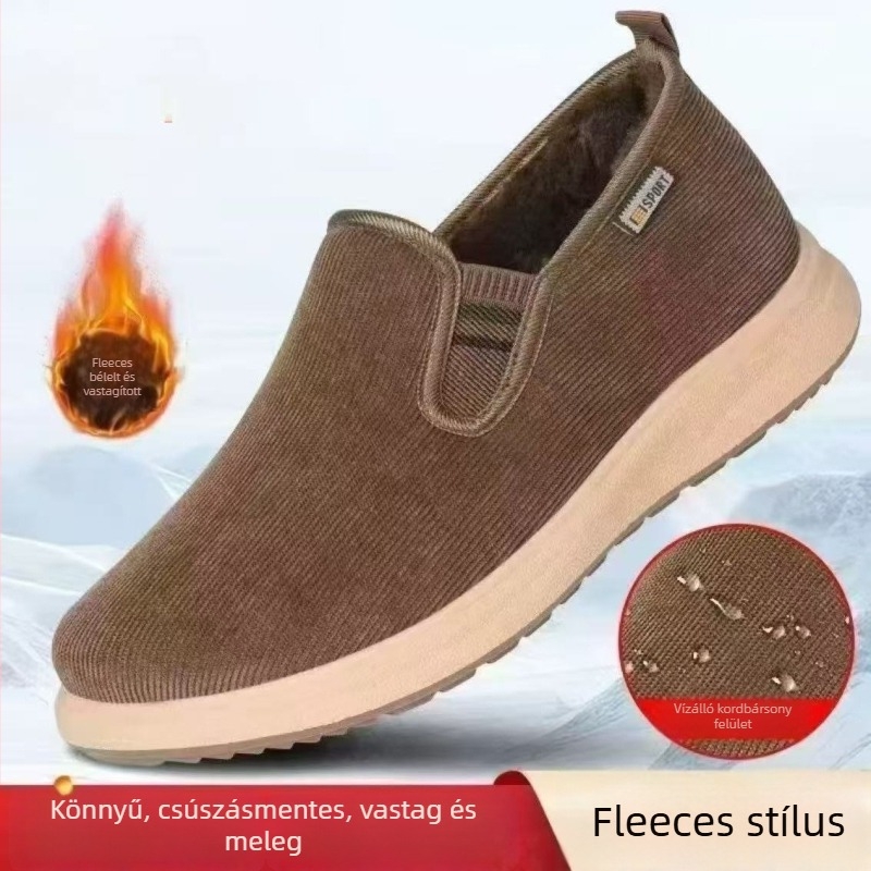 Férfi otthoni papucs: fleece-belés, vastagított, meleg, csúszásmentes, slip-on, alacsony profil (felső: vászon, talp: műanyag)