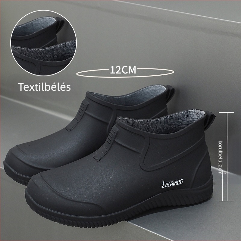 Unisex PVC esőcsizmák, alacsony szár, gumi talp, EVA talpbetét, vízálló.