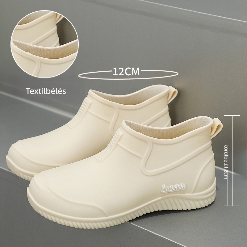 Unisex PVC esőcsizmák, alacsony szár, gumi talp, EVA talpbetét, vízálló.