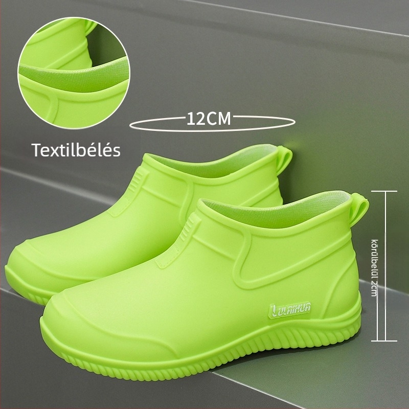 Unisex PVC esőcsizmák, alacsony szár, gumi talp, EVA talpbetét, vízálló.