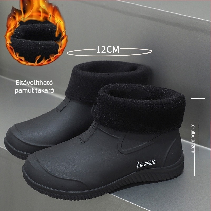 Unisex PVC esőcsizmák, alacsony szár, gumi talp, EVA talpbetét, vízálló.