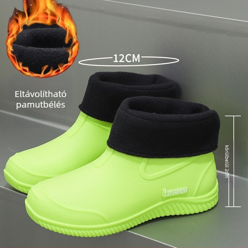 Unisex PVC esőcsizmák, alacsony szár, gumi talp, EVA talpbetét, vízálló.