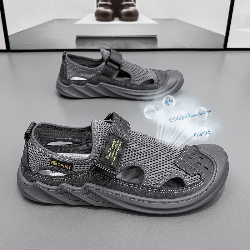 Férfi szandálok PU+ hálós felsőrésszel, légáteresztő belső hálózattal, gumírozott talppal, Velcro-zár (Nyár 2024)