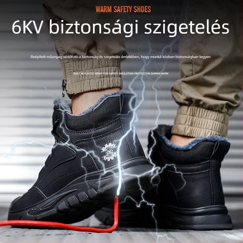 Férfiaknak szóló magas szárú munkavédelmi cipő fleece béléssel – ütésálló, perforáció-ellenálló, csúszásmentes, kopásálló, műanyag lábujjvédő