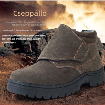 Hegesztéshez védőcipő: ütés- és átszúrás elleni védelem, anyag: visszafordított velúr, acél orr, középmagas felsőrész.