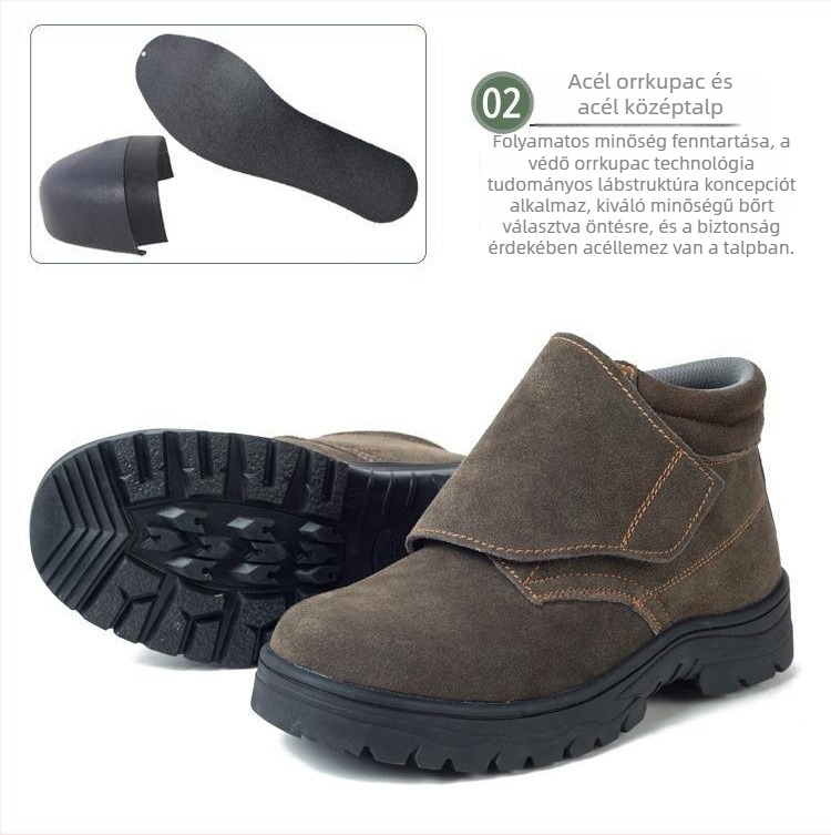 Hegesztéshez védőcipő: ütés- és átszúrás elleni védelem, anyag: visszafordított velúr, acél orr, középmagas felsőrész.