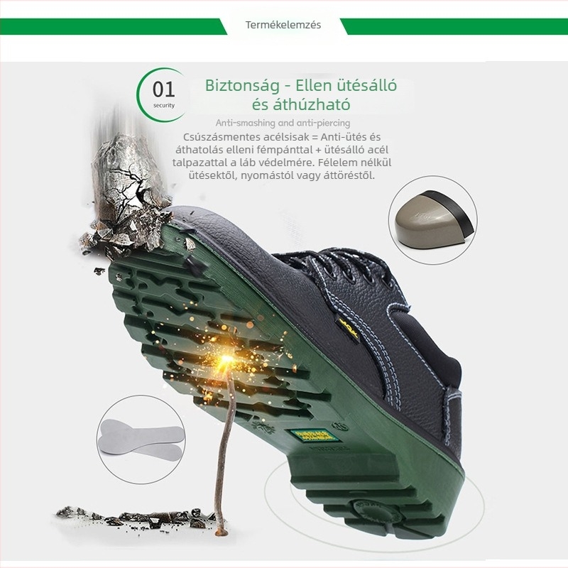 Biztonsági munkavédelmi cipő ütésálló és átszúrás elleni védelemmel; marhabőr; acéltalpú orr; alacsony felsőrész; alkalmas bányászatra, olajiparra, vegyiparra, elektromos iparra, hajógyártásra, építőiparra, szállodákra és műhelyekre