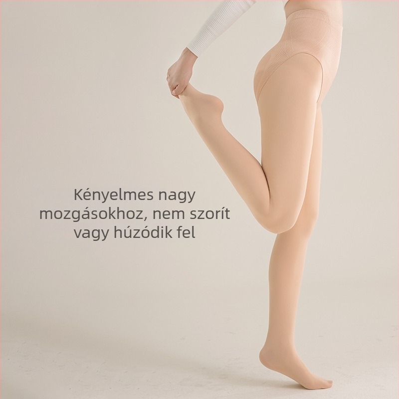 Nylonból készült magas derekú harisnyanadrág, nedves fényű felület, vastag fleece bélés, valósághű lábhatás