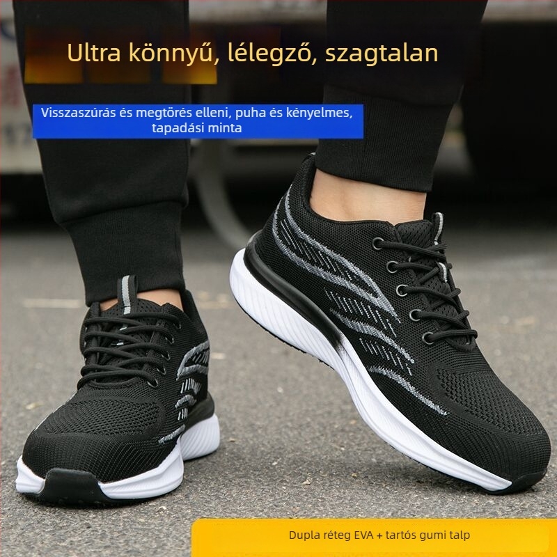 Férfiaknak ultra könnyű munkavédelmi cipő műanyag‑acél orrtalp, ütés- és perforáció elleni védelem, Fly-Knit felsőrész, puha talp