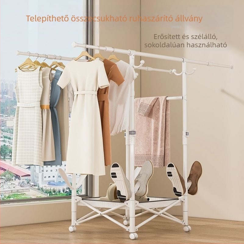 Padlón álló teleszkópos ruhaszárító állvány, mobil és összecsukható, rozsdamentes acélból, ideális erkélyre, otthonra vagy kollégiumba, modell 7845756785