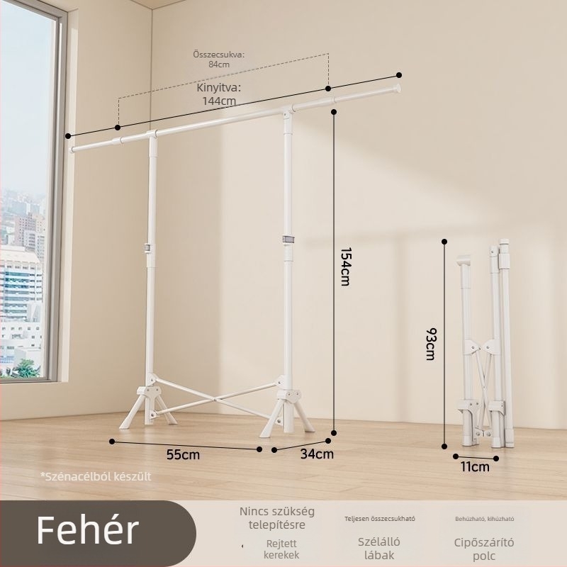 Padlón álló teleszkópos ruhaszárító állvány, mobil és összecsukható, rozsdamentes acélból, ideális erkélyre, otthonra vagy kollégiumba, modell 7845756785