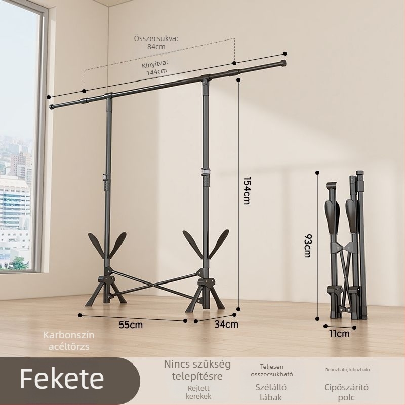 Padlón álló teleszkópos ruhaszárító állvány, mobil és összecsukható, rozsdamentes acélból, ideális erkélyre, otthonra vagy kollégiumba, modell 7845756785