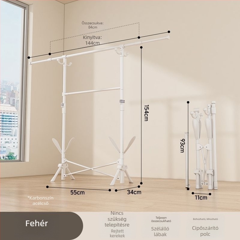 Padlón álló teleszkópos ruhaszárító állvány, mobil és összecsukható, rozsdamentes acélból, ideális erkélyre, otthonra vagy kollégiumba, modell 7845756785