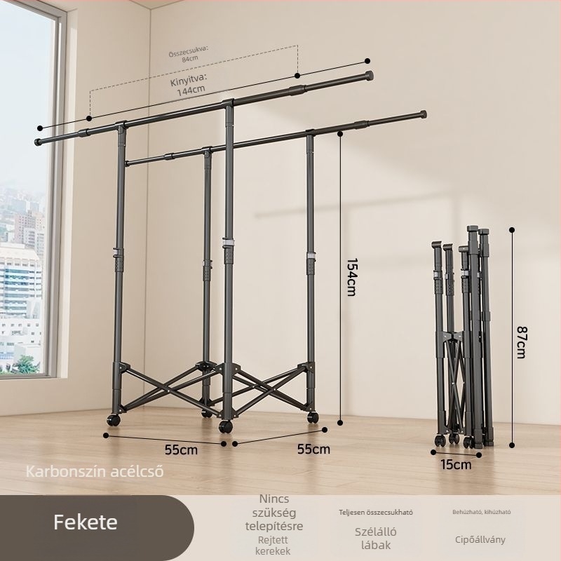 Padlón álló teleszkópos ruhaszárító állvány, mobil és összecsukható, rozsdamentes acélból, ideális erkélyre, otthonra vagy kollégiumba, modell 7845756785