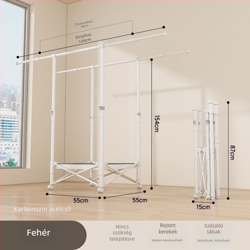 Padlón álló teleszkópos ruhaszárító állvány, mobil és összecsukható, rozsdamentes acélból, ideális erkélyre, otthonra vagy kollégiumba, modell 7845756785