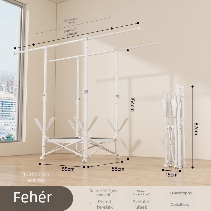 Padlón álló teleszkópos ruhaszárító állvány, mobil és összecsukható, rozsdamentes acélból, ideális erkélyre, otthonra vagy kollégiumba, modell 7845756785