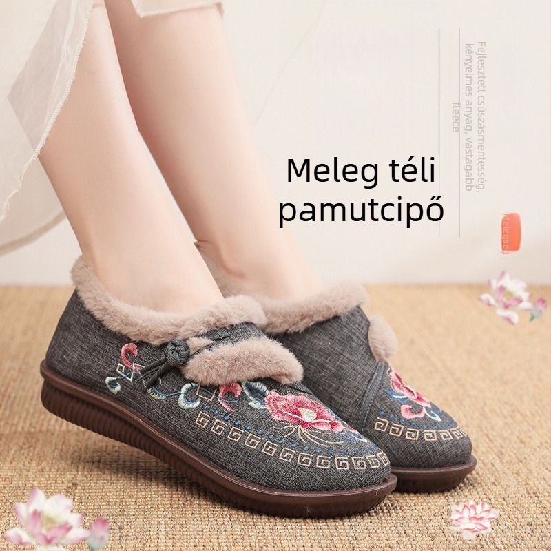 Női téli pamutcipő virágmintás, slip-on kialakítás, kerek orr, fleece-belekkel belső