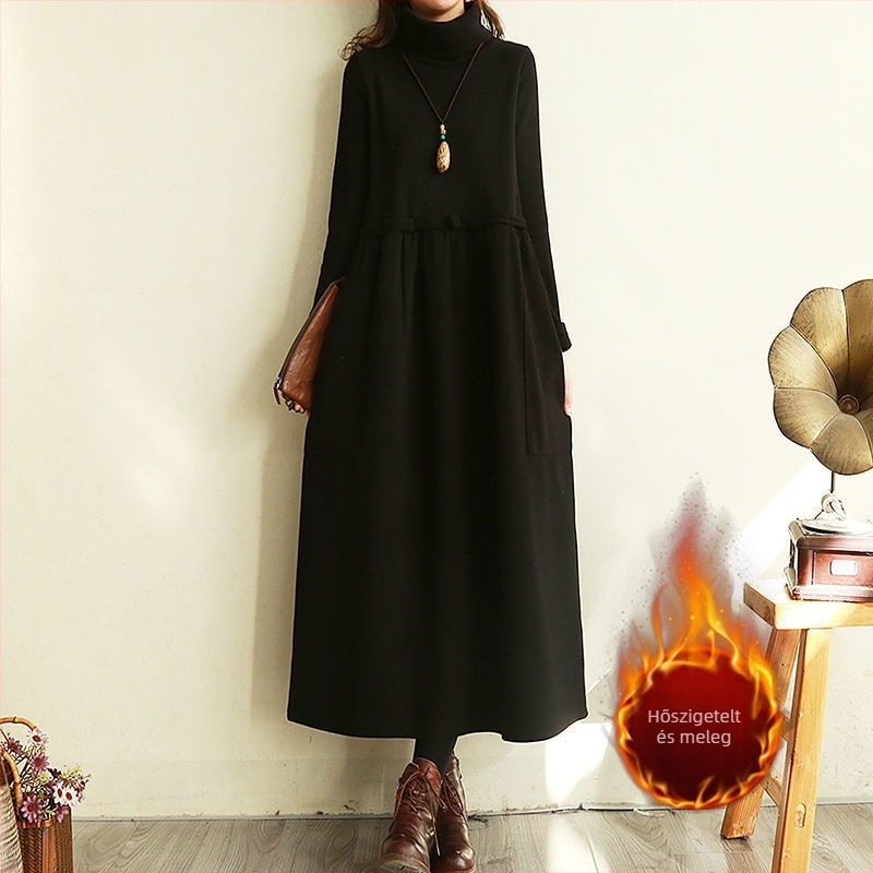 Pamut ruha irodalmi és művészeti retró stílusban, magas nyakú, hosszú ujjú, hosszú fazon