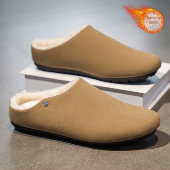 Téli férfi papucs fleece belsővel – felső része szintetikus bőr, gumitalp, injektált kivitel, zárt orrú, slip-on