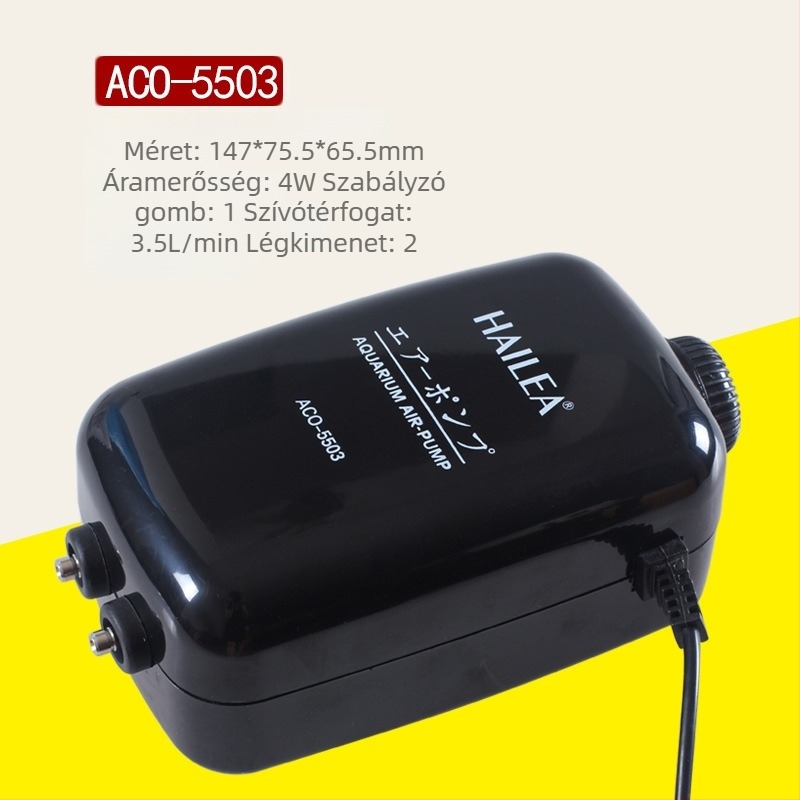 Haili kétségféjű akváriumi oxigénpumpa állítható légmennyiséggel és csendes működéssel, modellek ACO5503/6603/9610