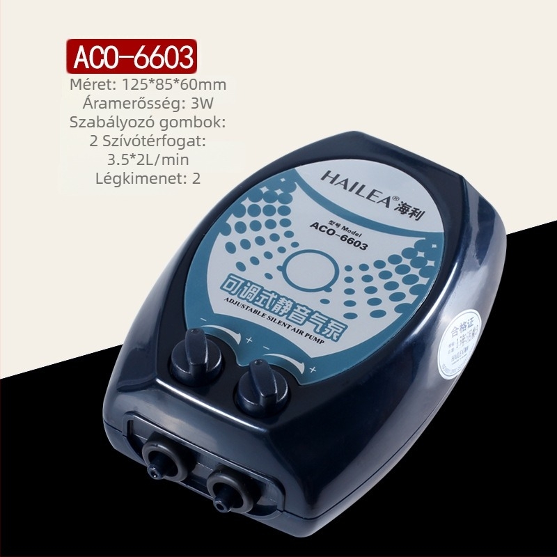Haili kétségféjű akváriumi oxigénpumpa állítható légmennyiséggel és csendes működéssel, modellek ACO5503/6603/9610