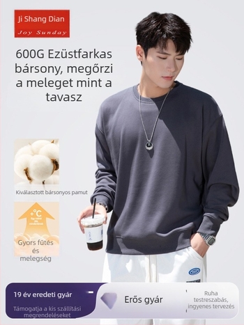 Férfi pamut fleece-belelt pulóver, kerek nyakú, hosszú ujjú, laza szabás, 600 g súlyú