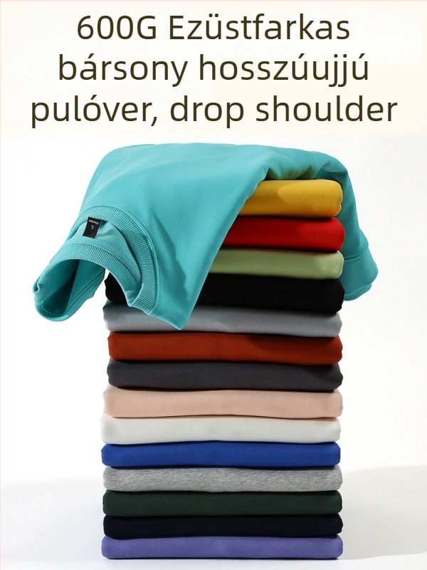 Férfi pamut fleece-belelt pulóver, kerek nyakú, hosszú ujjú, laza szabás, 600 g súlyú