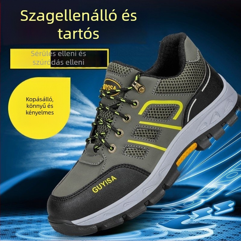 Biztonsági munkacipő perforáció- és ütésvédelmmel; mikrorostos bőr felsőrész; PU talp; alacsony felső rész; négy évszakos viselet; uniszex.
