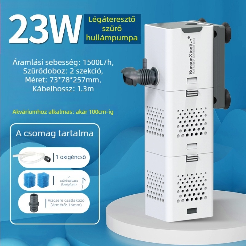 Akvarisztikai szűrő mindent egyben: keringetés, beépített pumpa és oxigénálás; Anyag: műanyag