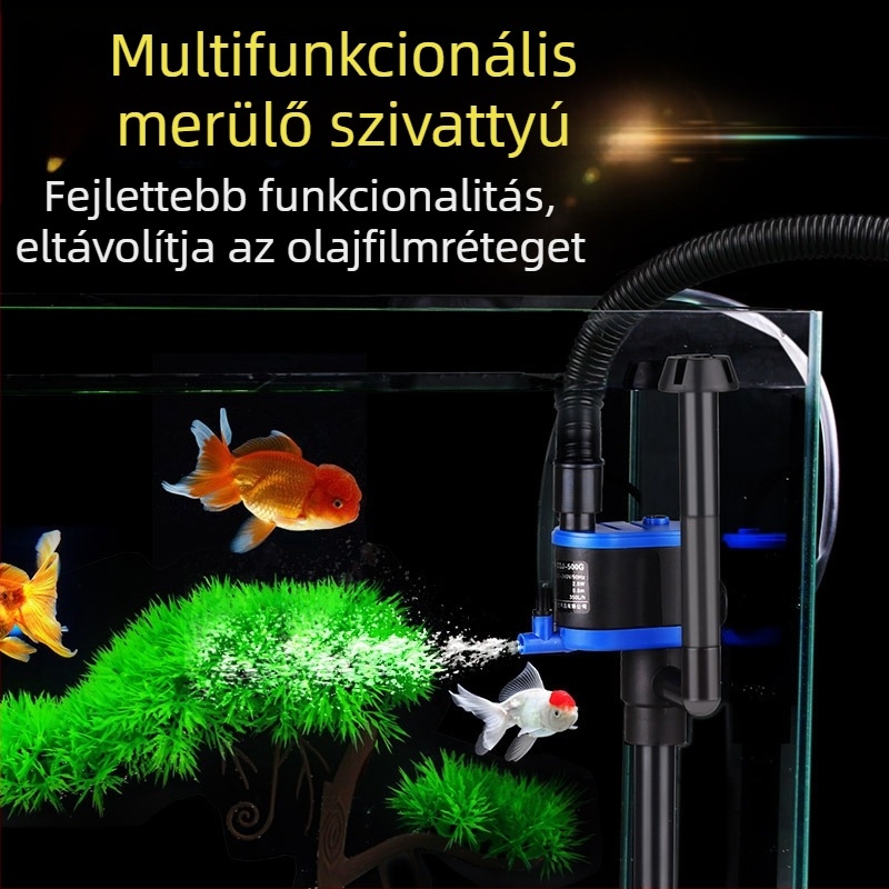 Három az egyben akváriumi merülőpumpa: filtráció és aeráció; műanyag ház; falra szerelhető függőleges kialakítás