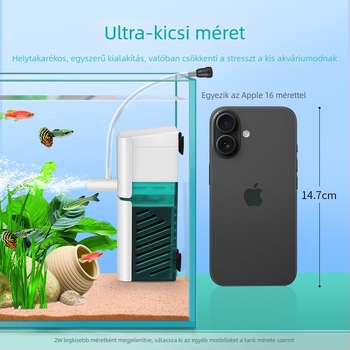 Akvarisztikus szűrő-szivattyú: kompakt, többfunkciós szűrő beépített keringető szivattyúval, hullámszerű oxigénellátással és merülő esőztetővel kis akváriumokhoz • Anyag: műanyag • Márka: Kyung ye • Súly: 173 g