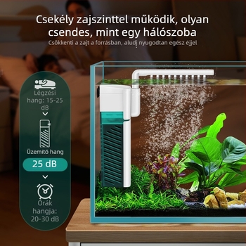 Akvarisztikus szűrő-szivattyú: kompakt, többfunkciós szűrő beépített keringető szivattyúval, hullámszerű oxigénellátással és merülő esőztetővel kis akváriumokhoz • Anyag: műanyag • Márka: Kyung ye • Súly: 173 g