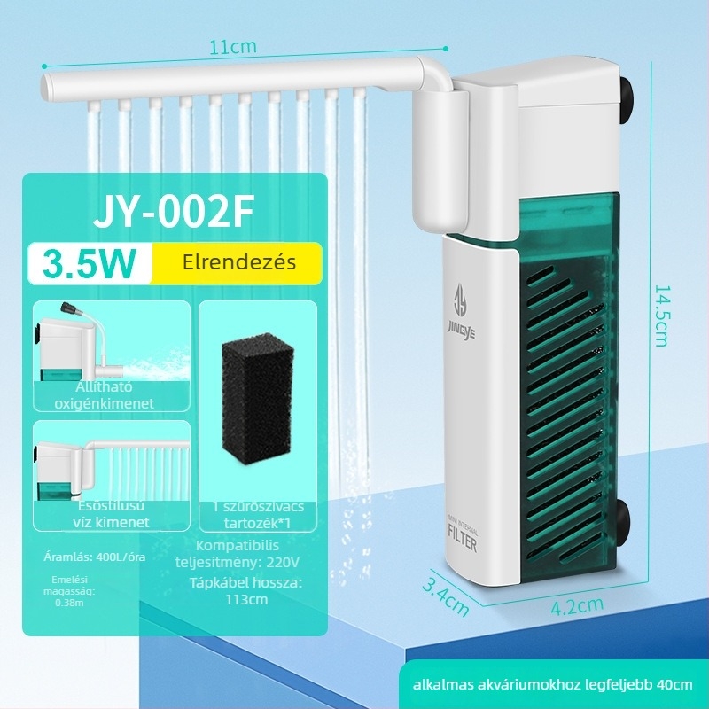 Akvarisztikus szűrő-szivattyú: kompakt, többfunkciós szűrő beépített keringető szivattyúval, hullámszerű oxigénellátással és merülő esőztetővel kis akváriumokhoz • Anyag: műanyag • Márka: Kyung ye • Súly: 173 g