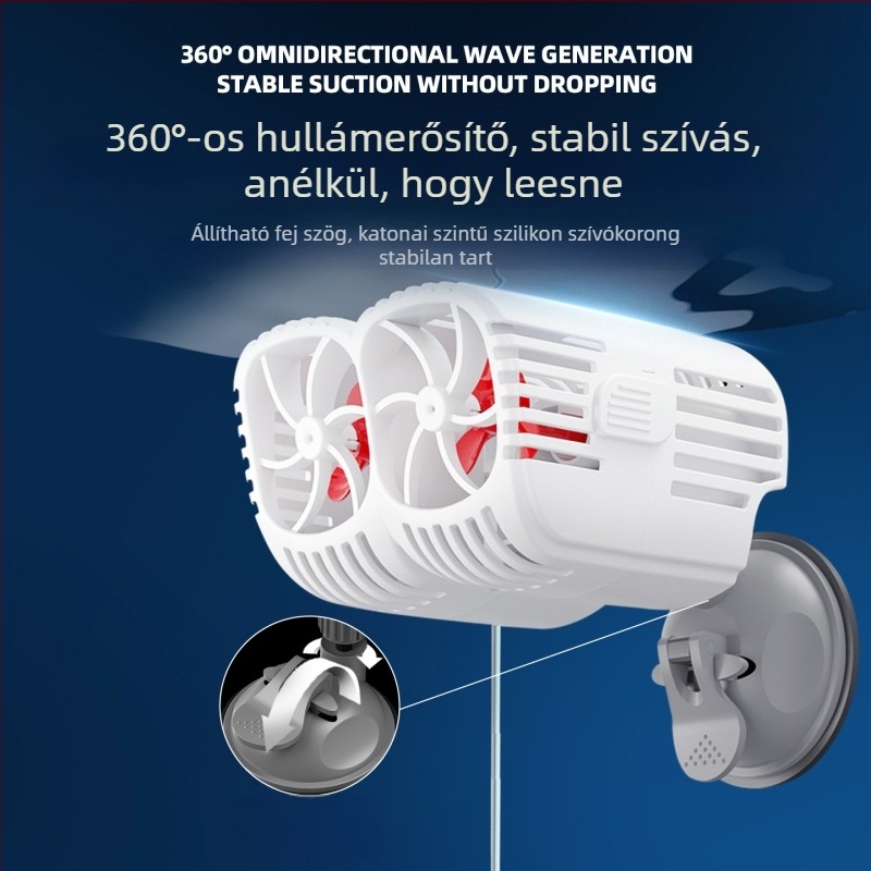 Kétfejű hullámpompa akváriumhoz, 360° csendes áramlás, szívócsészékkel szerelve