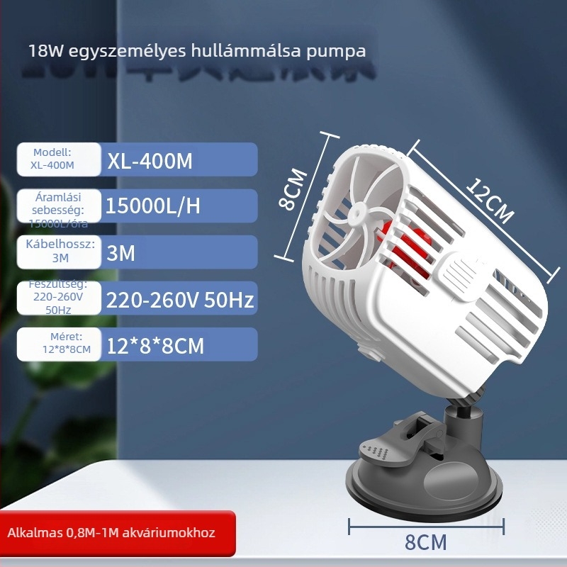 Kétfejű hullámpompa akváriumhoz, 360° csendes áramlás, szívócsészékkel szerelve