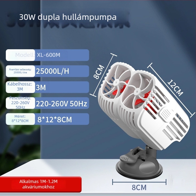 Kétfejű hullámpompa akváriumhoz, 360° csendes áramlás, szívócsészékkel szerelve