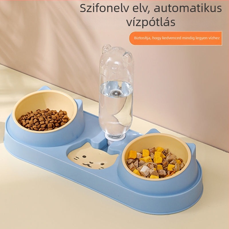 Macska tálakból álló készlet automata vízellátóval és etetőtálakkal, három tál, borulás elleni kialakítás, PP anyag, Beach márka