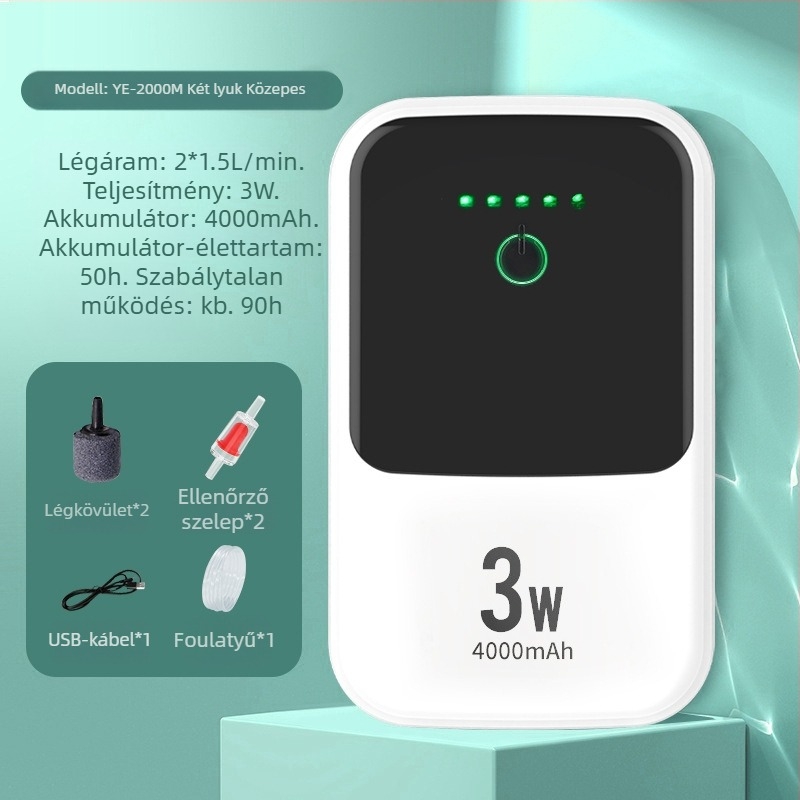 Újratölthető oxigénpumpa — kompakt méret, hordozható, ultra csendes, kettős használat a kültéri horgászathoz és a házi haltenyésztéshez