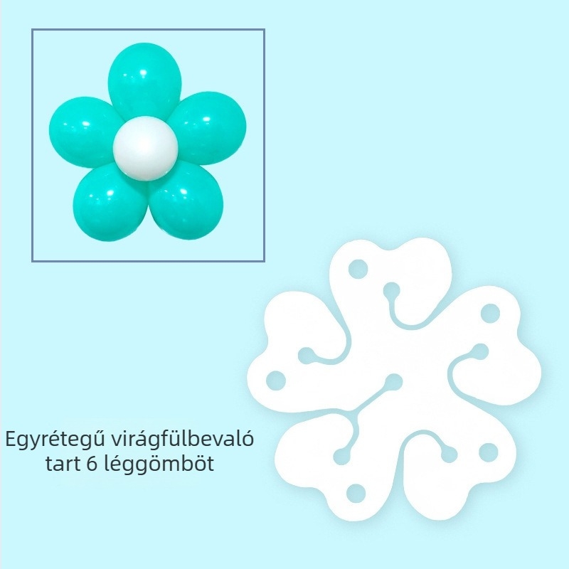 Dekoratív lufiklip, szilva virág alakú, vastított kétszintes dizájn, műanyagból, nyomtatott logó