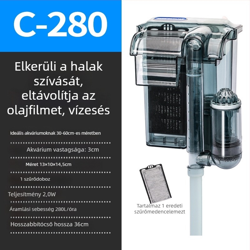 Fali külső akváriumi szűrő, 3-in-1 vízeséses oxigénezés és keringés, édesvízi kis halakhoz (műanyag; frekvencia állíthatatlan; csendes működés)