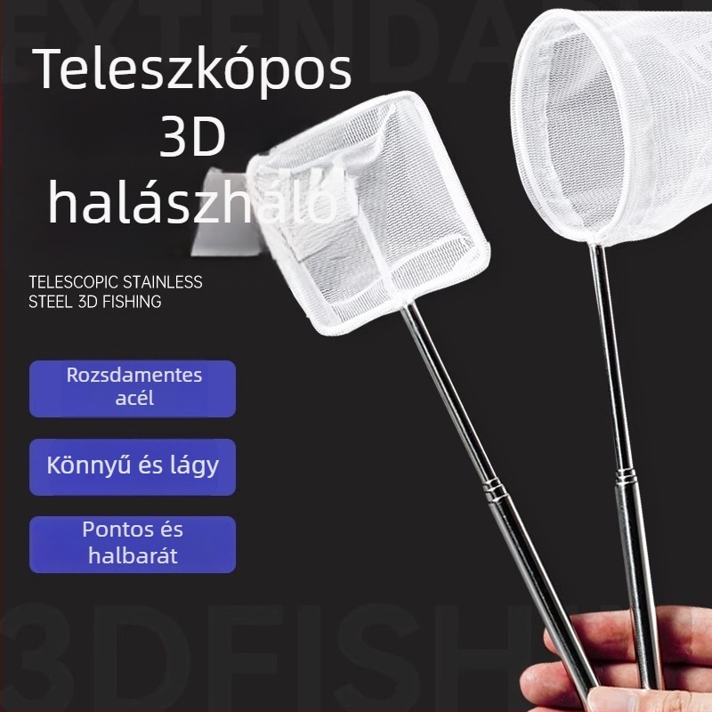 Rozsdamentes acélból készült összecsukható halászháló hosszú nyéllel, kör és négyzet alakú (50 g)