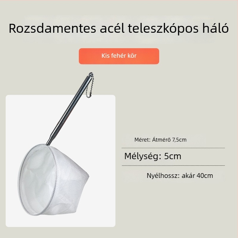 Rozsdamentes acélból készült összecsukható halászháló hosszú nyéllel, kör és négyzet alakú (50 g)