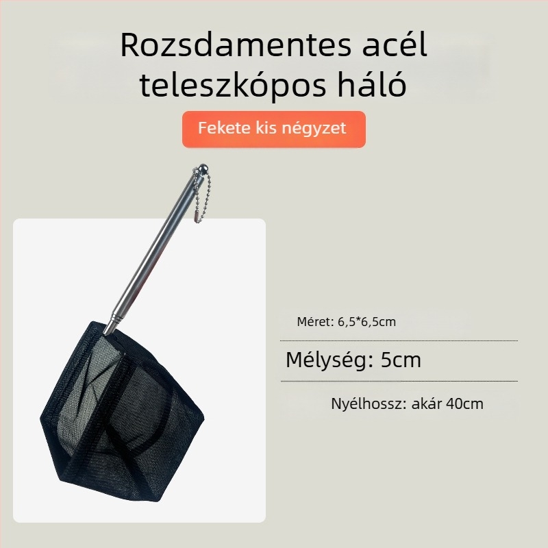 Rozsdamentes acélból készült összecsukható halászháló hosszú nyéllel, kör és négyzet alakú (50 g)