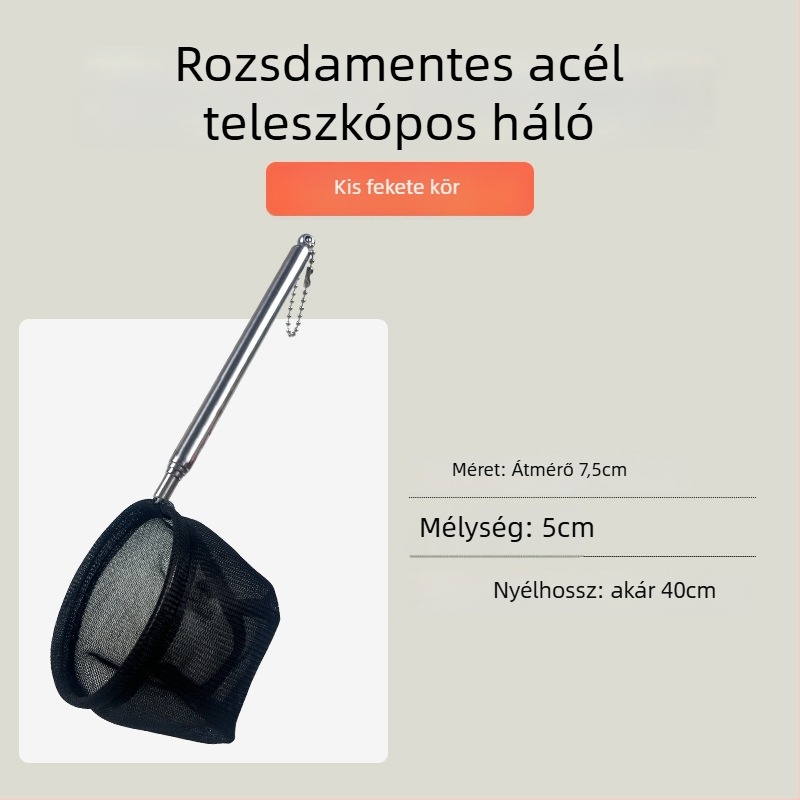 Rozsdamentes acélból készült összecsukható halászháló hosszú nyéllel, kör és négyzet alakú (50 g)
