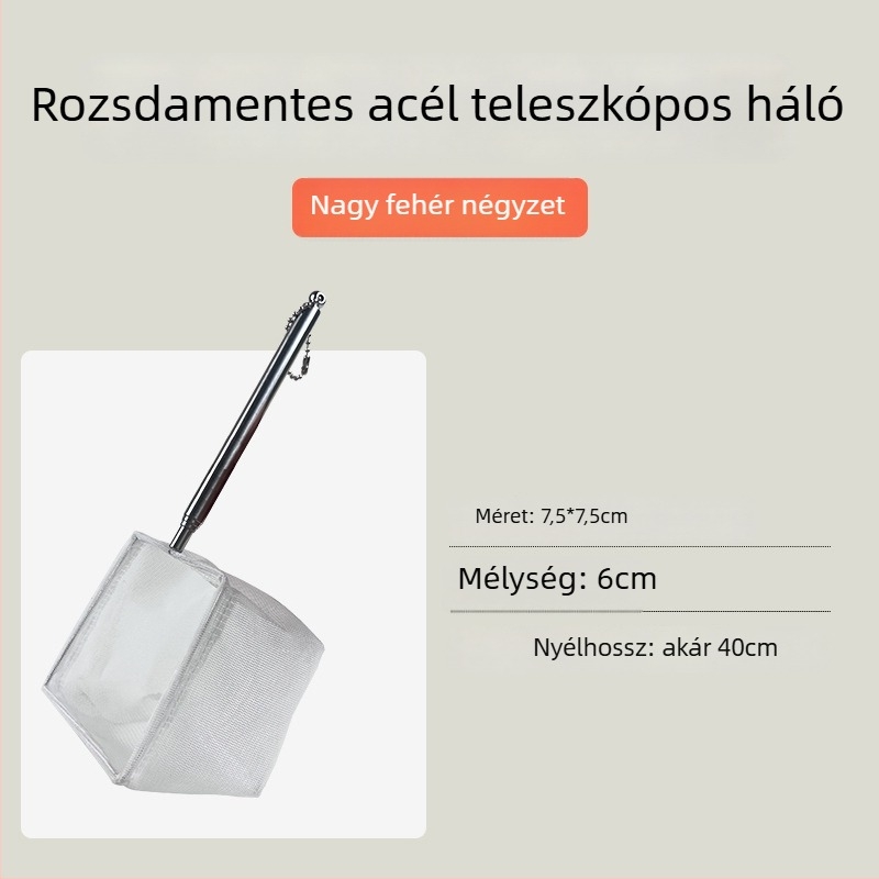 Rozsdamentes acélból készült összecsukható halászháló hosszú nyéllel, kör és négyzet alakú (50 g)