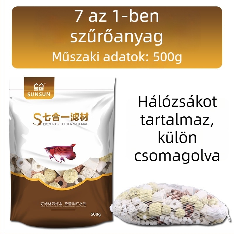 AKvarisztikai szűrőanyag – Hét‑in‑egy szűrés keramikus gyűrűvel, biokémiai golyóval, Maifan-kővel és vulkáni kővel; 0,5 kg; Márka Sensen; Édesvízi halak számára