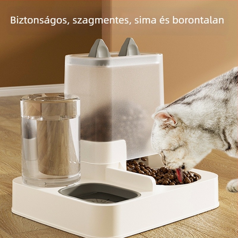 Plasztik macska- és kutyatálak automata etetővel és vízadagolóval, kettős tál, egy készletben