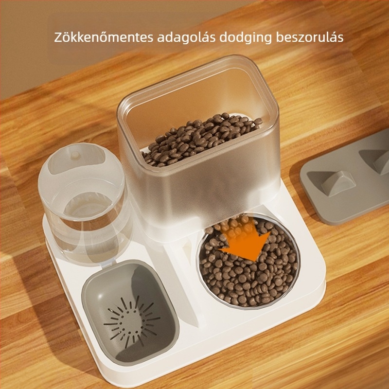 Plasztik macska- és kutyatálak automata etetővel és vízadagolóval, kettős tál, egy készletben