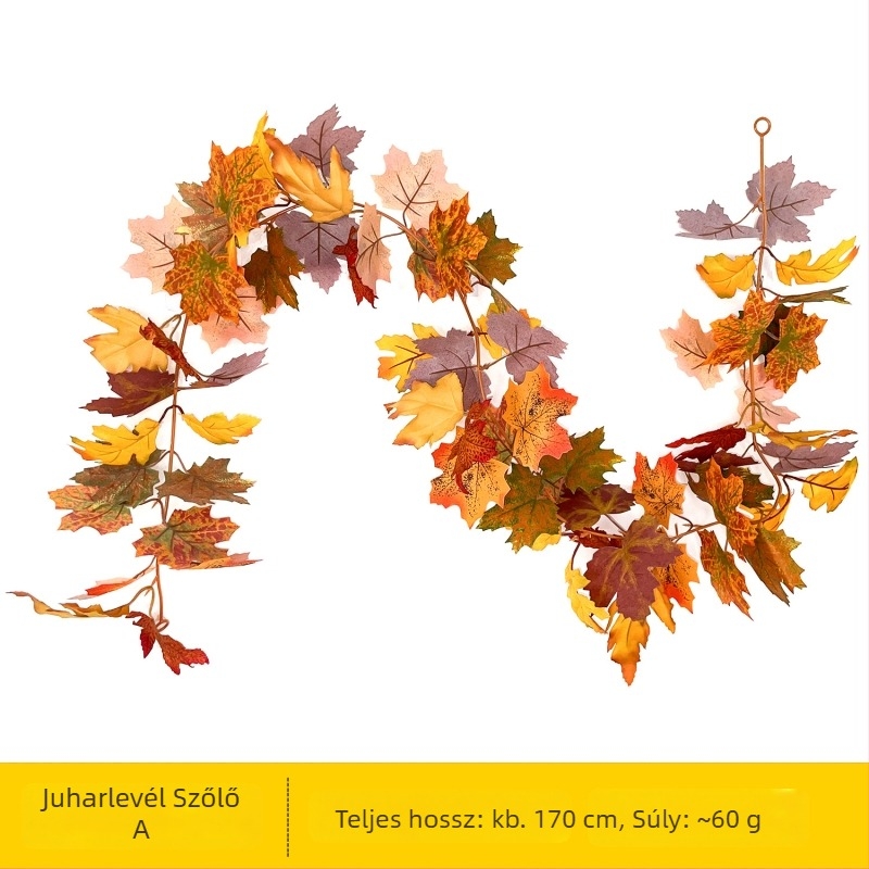 Juharlevél futónövény falikép, selyemvirágokkal, rattan kivitelezés, OPP csomagolás, fél-automatizált és félmanuális készítés